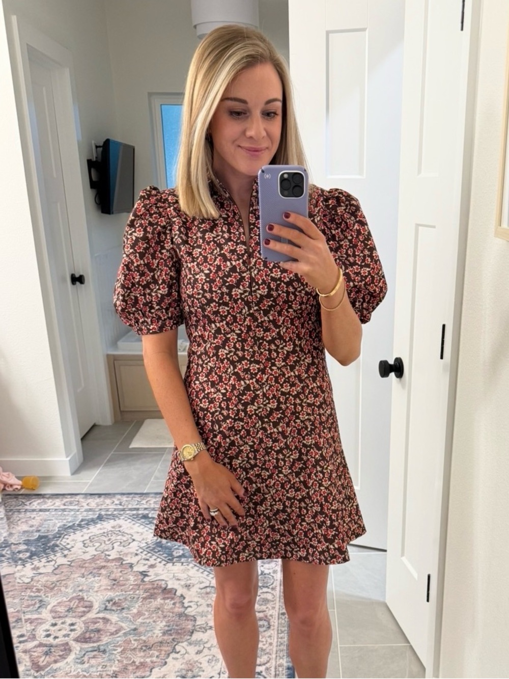 Pink Floral Puff-Sleeve Mini Dress - Women's Casual A-Line